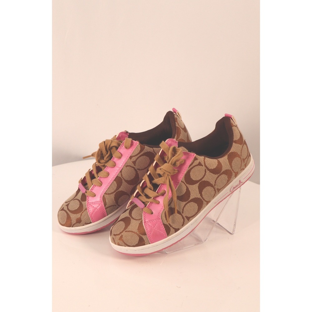 Coach‎ Signature Monogram Canvas Low Sneakers Brown Pink Leather Trim-Size 8.5